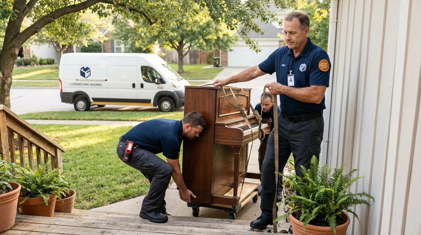 Licensed piano movers securing grand piano in Carlton, MN