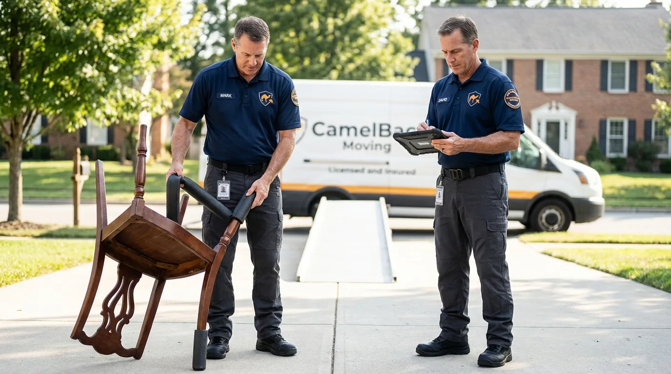 Movers inspecting furniture for damage prevention before loading in Carlton, MN