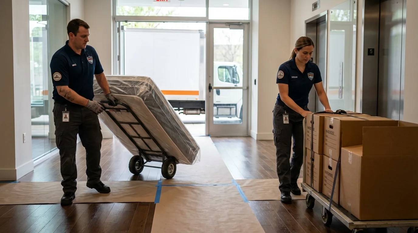 Professional apartment movers loading elevator in Carlton, MN