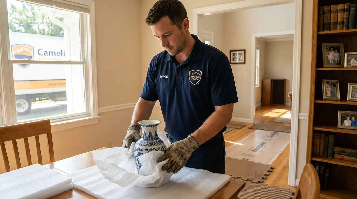 Professional crew carefully wrapping antique vase for senior downsizing move in Carlton, MN