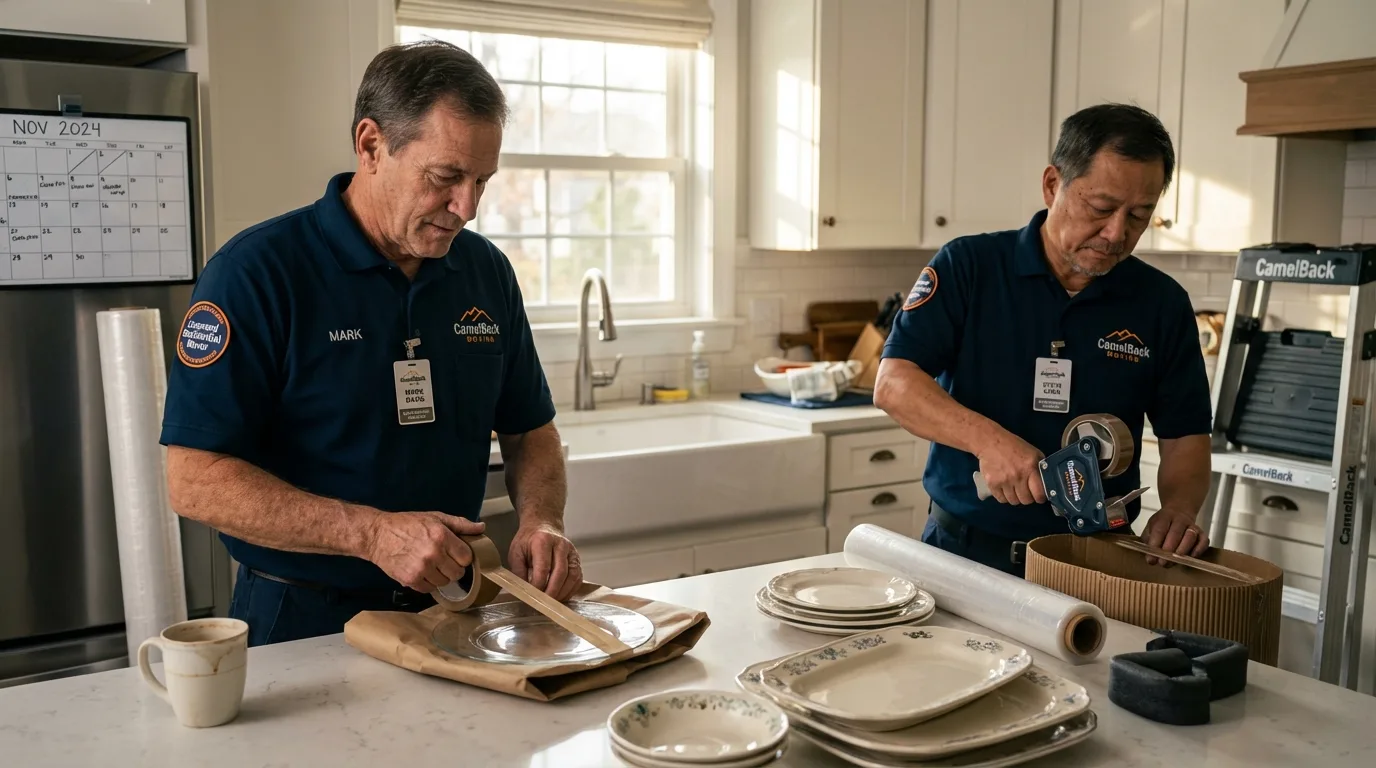 Professional crew packing kitchen dishware in Carlton, MN